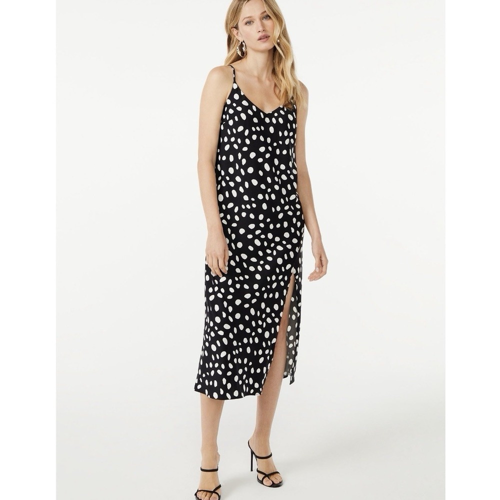 Scoop Women's Medium 8-10 Sleeveless Midi Slip Dress Black White Polka Dot